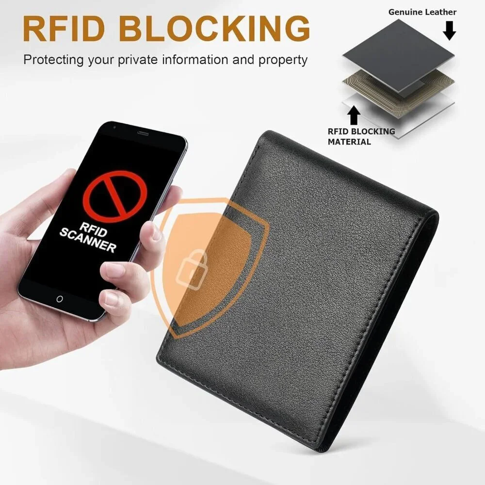 Men's Slim Bifold Wallet Credit Card Black Genuine Leather Blocking Designed